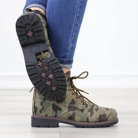 Women's Camouflage Combat Lace-up Ankle Boots Low Heel Casual Short Booties - Picture 6 of 15